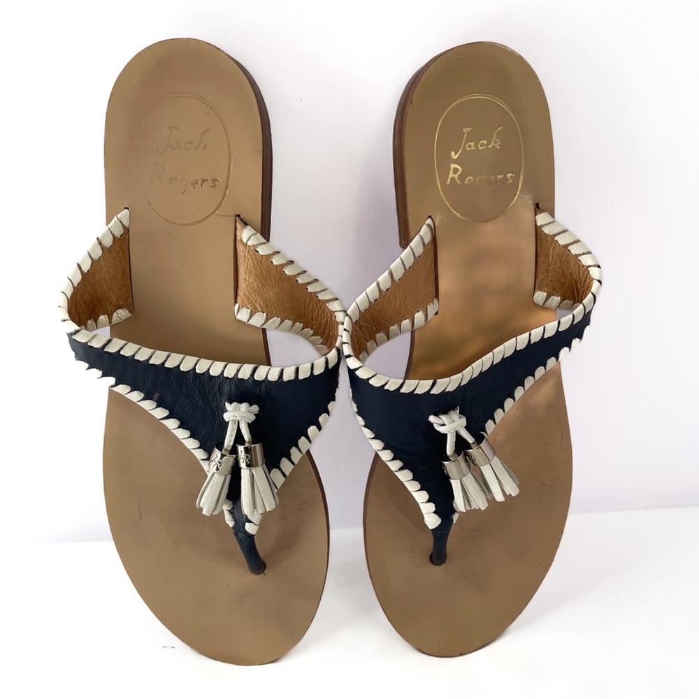 Jack Rogers Alana Navy & White Tassel Leather‎ Sandals 7.5 Preppy Nautical Style